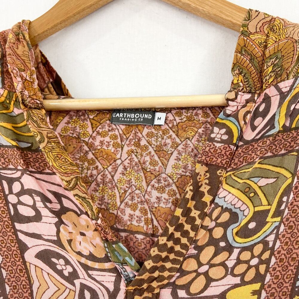 Earthbound Bohemian Printed Longsleeve Blouse size Medium V Neck Hooded - Picture 4 of 6